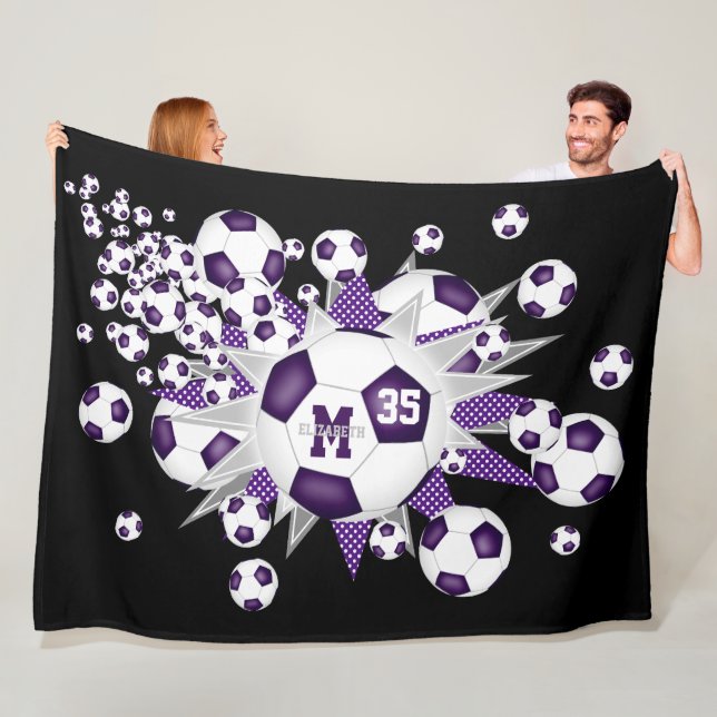 soccer balls purple grey stars girls sports room fleece blanket (In Situ)