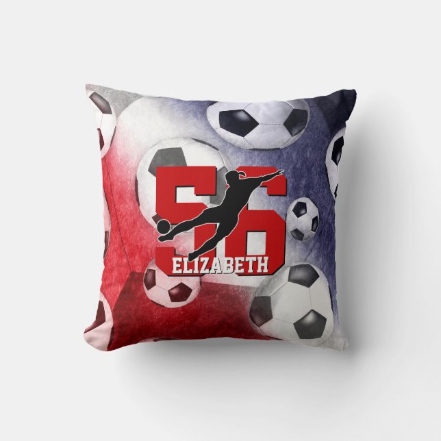 Soccer balls red white blue girl silhouette cushion (Front)