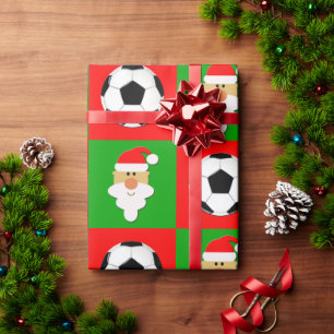 Soccer Balls & Santa Clause Red & Green Christmas Wrapping Paper