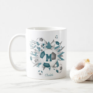 soccer balls stars teal grey her name coffee mug