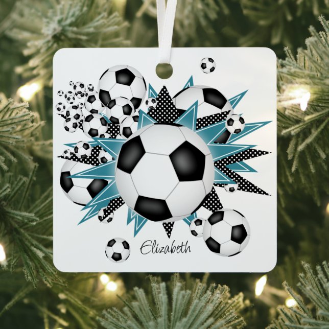 soccer balls teal black stars girls sports metal tree decoration (Insitu)