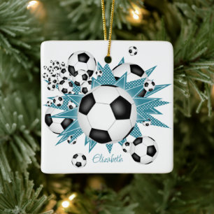 soccer balls teal white stars girls sports ceramic ornament