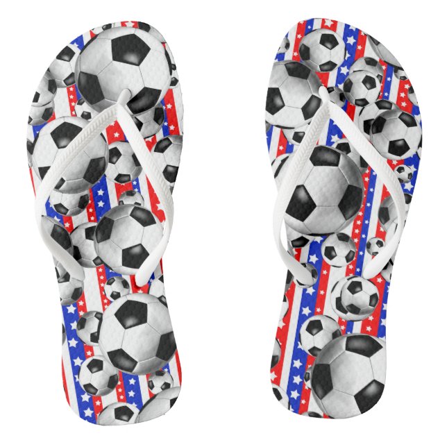 Soccer Balls USA Red White Blue Stars and Stripes Flip Flops (Footbed)