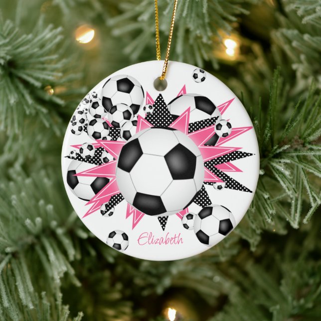 soccer balls w pink black stars girls keepsake ceramic tree decoration (Tree)