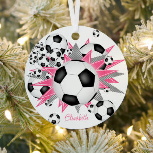 soccer balls w pink gray stars girls keepsake metal tree decoration