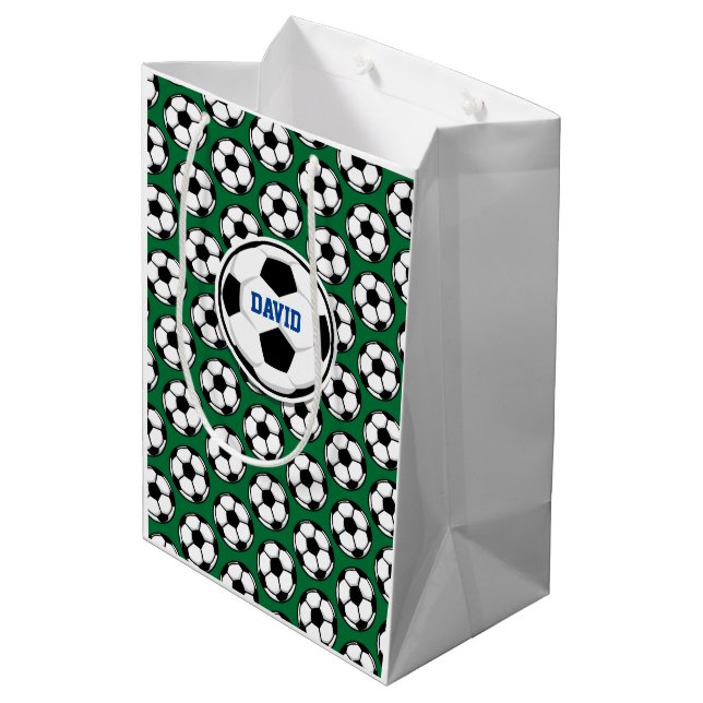 Soccer Balls White Black Green Custom Name Medium Gift Bag (Back Angled)