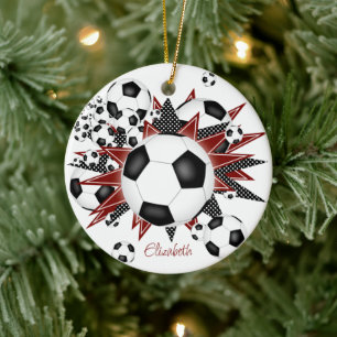 soccer balls with maroon black stars girls sports ceramic tree decoration