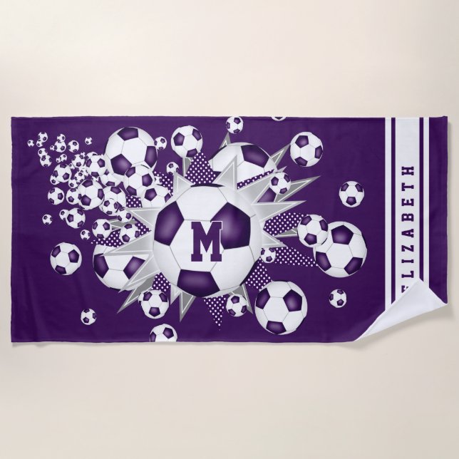 soccer balls with purple grey stars custom name beach towel (Front)
