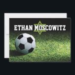 Soccer Bar Mitzvah Folded Thank You Card 2<br><div class="desc">This personalised soccer theme Bar Mitzvah thank you card (folded notecard) design features a nighttime soccer stadium with a green grassy soccer field with a black and white soccer ball sitting on the grass in the lower left corner. There is a pale green Star of David beneath the Bar Mitzvah's...</div>