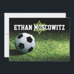 Soccer Bar Mitzvah Folded Thank You Card 2<br><div class="desc">This personalised soccer theme Bar Mitzvah thank you card (folded notecard) design features a nighttime soccer stadium with a green grassy soccer field with a black and white soccer ball sitting on the grass in the lower left corner. There is a pale green Star of David beneath the Bar Mitzvah's...</div>