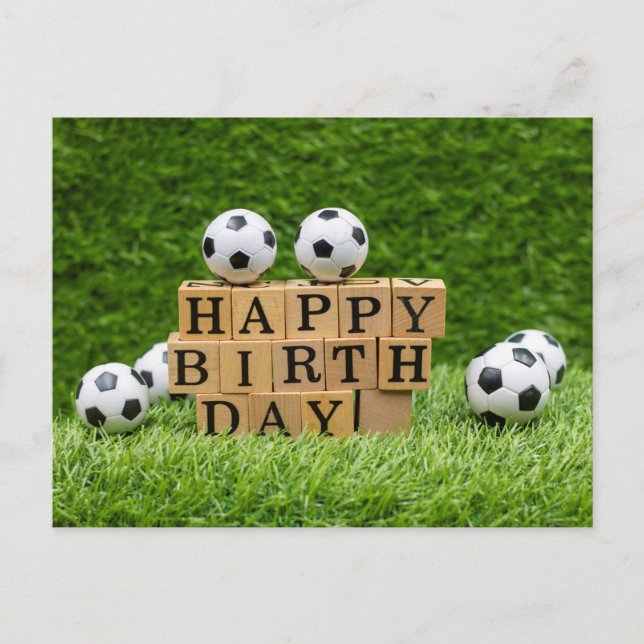 Soccer Birthday card with balls on green grass  (Front)