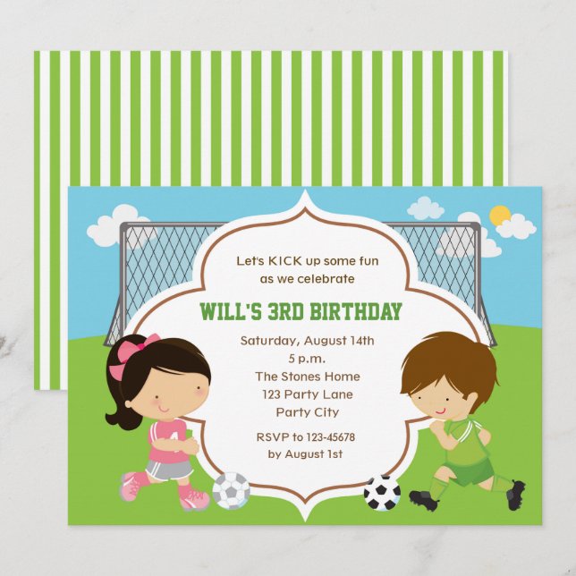 Soccer Birthday Invitation (Boy & Girl) with Goal (Front/Back)
