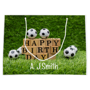 Soccer Birthday with balls on green grass Large Gift Bag