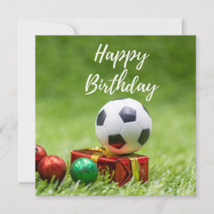 Soccer Birthday with golden box gift on green Holiday Card