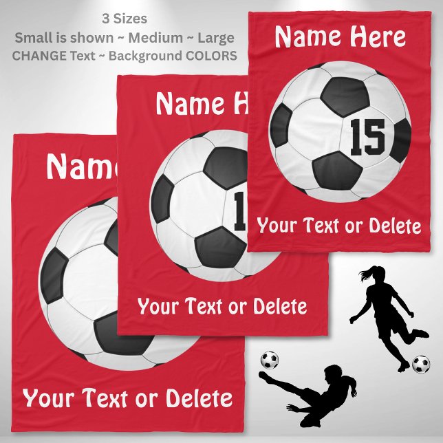 Soccer Blanket with NAME, NUMBER and TEXT (Soccer senior night gift ideas. Personalised football gifts. Personalized soccer team gifts. Red.)