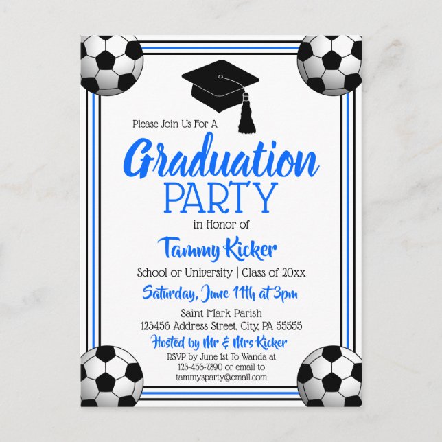 Soccer Blue & Black Graduation Party Invitation Postcard (Front)