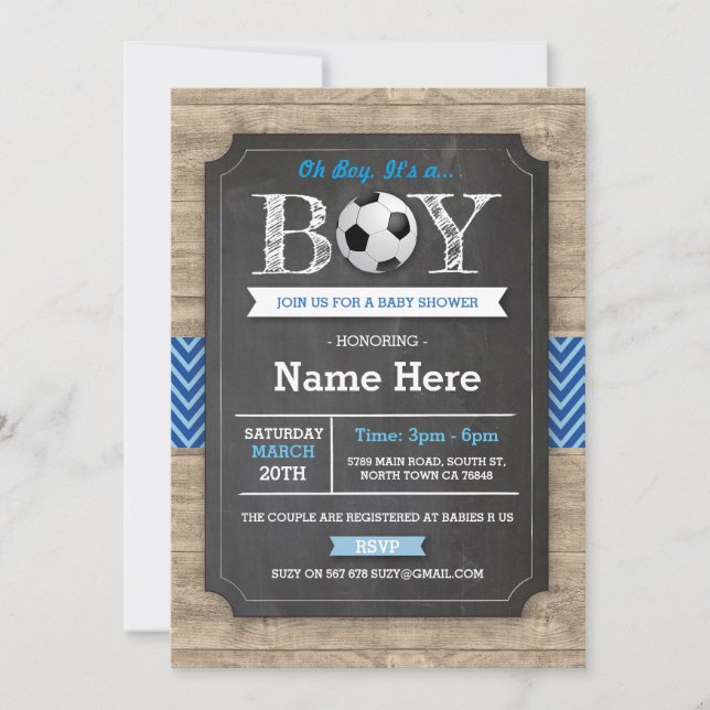 Soccer Blue Boy Baby Shower Football Invite (Front)
