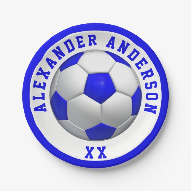 Soccer Blue Name and Jersey Personalise Paper Plate (Front)