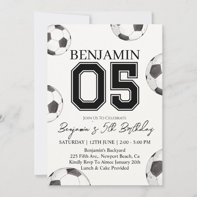 Soccer Boy 5th Birthday Invitation - Soccer Party (Front)