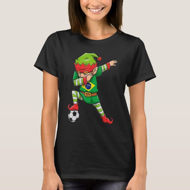 Soccer Boy Dabbing Elf Squad Christmas Brazil Foot T-Shirt (Front)