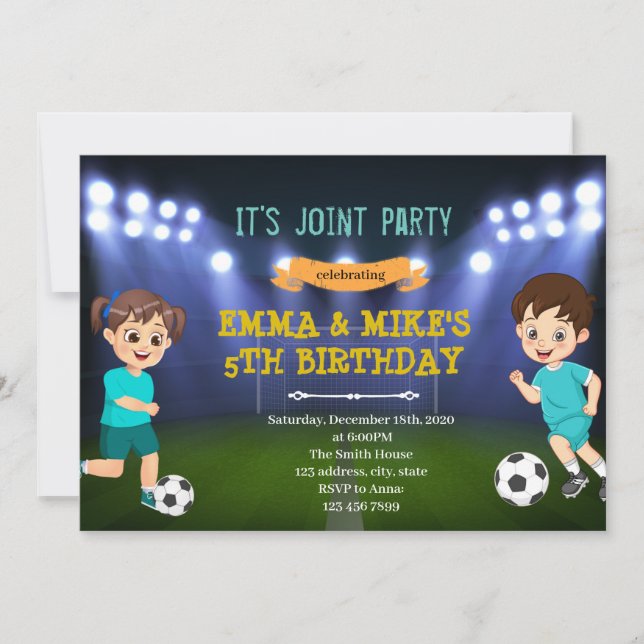 Soccer boy girl joint party invitation (Front)