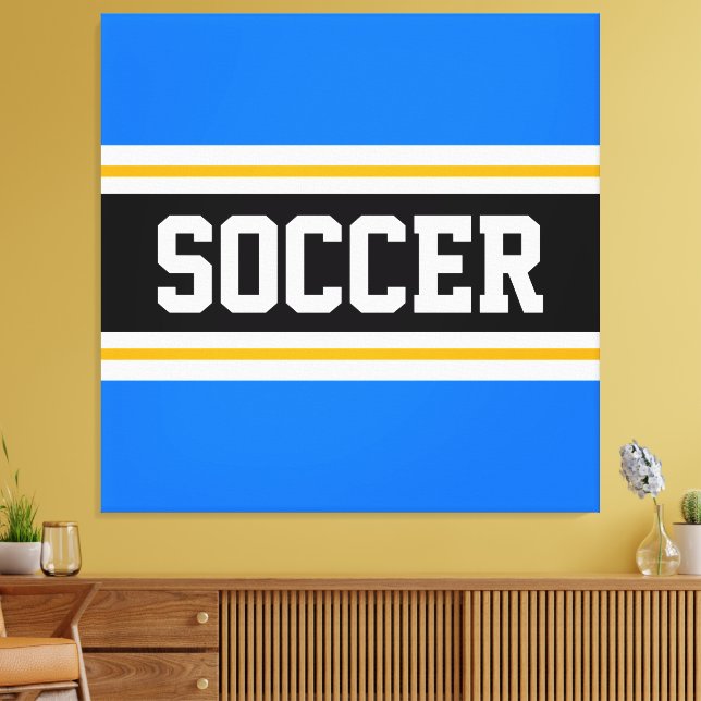 SOCCER Bright Blue Black White Yellow Stripes Canvas Print (Insitu(LivingRoom))