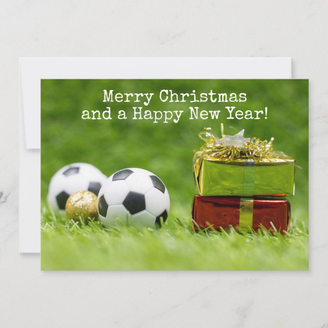 Soccer Christmas Card with ball and gift boxes  (Front)