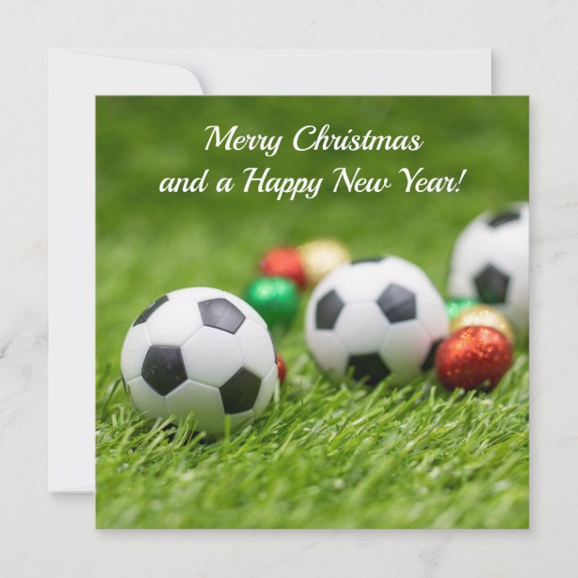 Soccer Christmas Card with ball on green grass (Front)