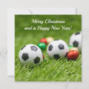 Soccer Christmas Card with ball on green grass