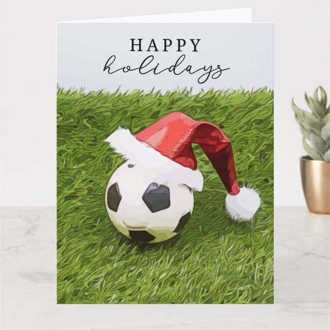 Soccer Christmas football Santa Hat Happy Holidays Card (Small Plant)