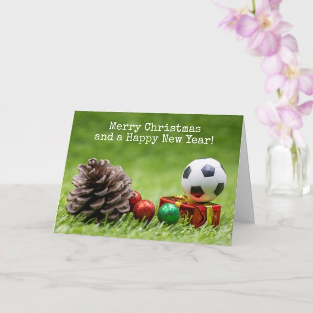 Soccer Christmas Holiday with pine cone and gifts  Card (Orchid)