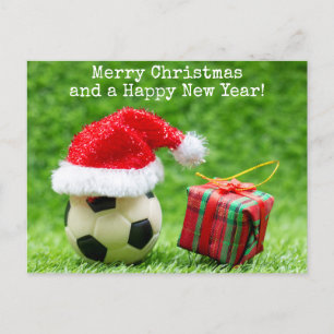 Soccer Christmas Holiday with Santa hat and gifts Postcard