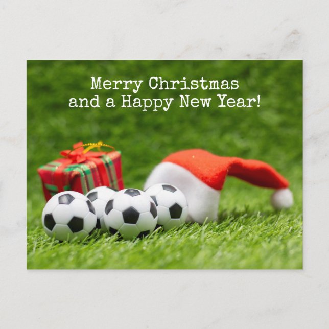 Soccer Christmas Holiday with Santa hat and gifts Postcard (Front)
