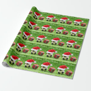 Soccer Christmas Holiday with Santa hat on green Wrapping Paper