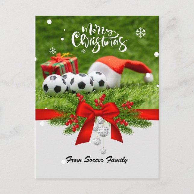 Soccer Christmas Holiday with Santa hat red ribbon Postcard (Front)