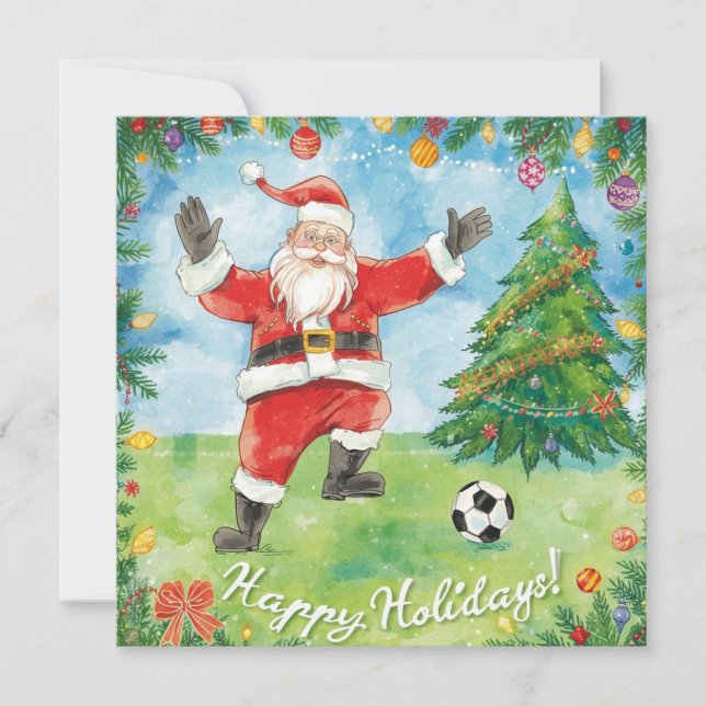 Soccer Christmas  Holidays Santa playing soccer  Holiday Card (Front)