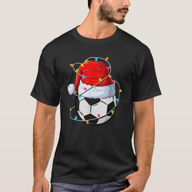 Soccer Christmas Santa Hat Festive Lights Design  T-Shirt (Front)