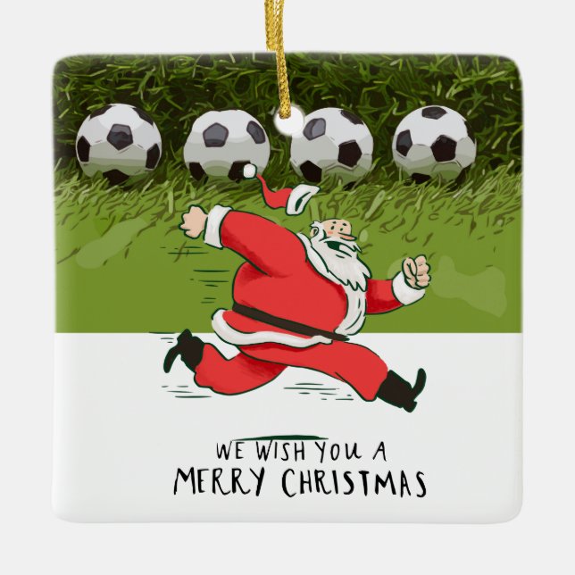 Soccer Christmas with Santa Claus playing ball  Ceramic Ornament (Front)