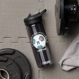 soccer club name with teal grey soccer ball water bottle