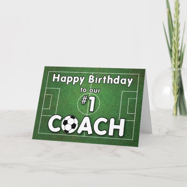 Soccer Coach Birthday with Grass Field and Ball Card (Front)