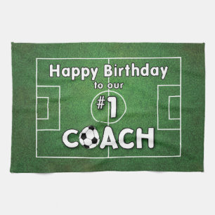 Soccer Coach Birthday with Grass Field and Ball Tea Towel