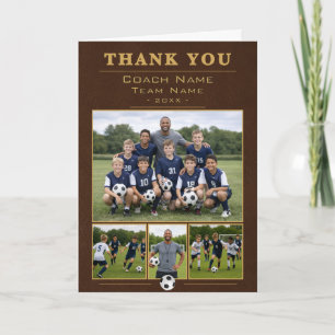 Soccer Coach Team Faux Leather 4 Photo Collage Thank You Card