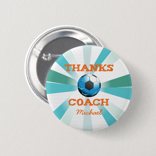 Soccer Coach Thanks, Orange on Teal, Blue Starburs 6 Cm Round Badge (Front & Back)