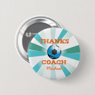 Soccer Coach Thanks, Orange on Teal, Blue Starburs 6 Cm Round Badge