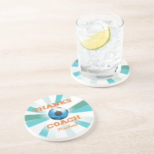 Soccer Coach Thanks, Orange on Teal, Blue Starburs Coaster