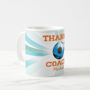 Soccer Coach Thanks, Orange on Teal, Blue Starburs Coffee Mug