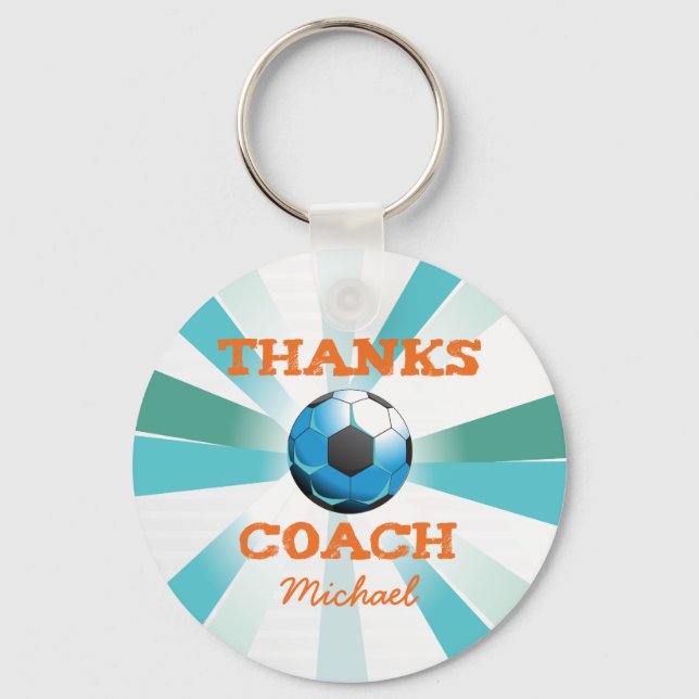 Soccer Coach Thanks, Orange on Teal, Blue Starburs Key Ring (Front)