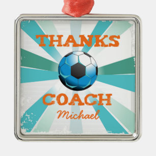 Soccer Coach Thanks, Orange on Teal, Blue Starburs Metal Tree Decoration