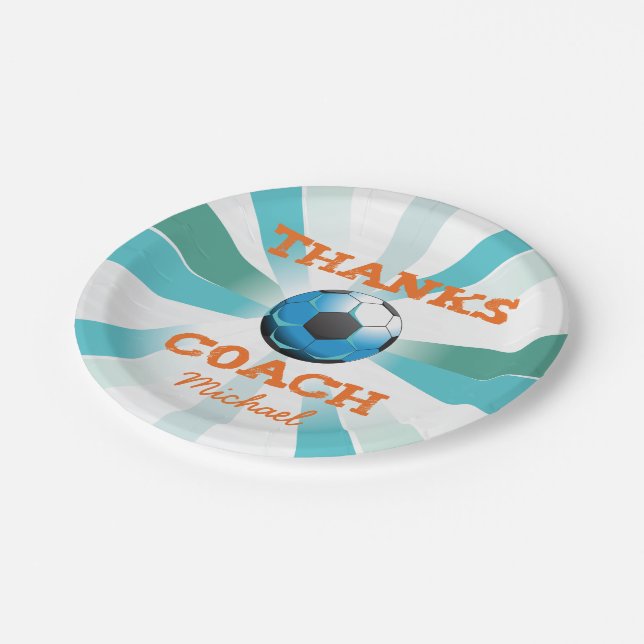 Soccer Coach Thanks, Orange on Teal, Blue Starburs Paper Plate (Angled)