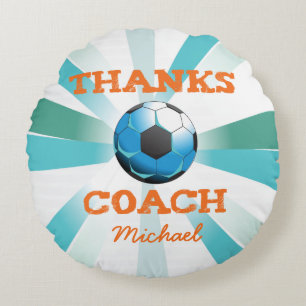 Soccer Coach Thanks, Orange on Teal, Blue Starburs Round Cushion